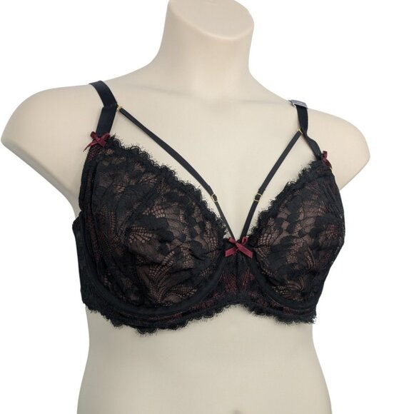 Cacique Womens Balconette Bra 42D Black Red Lace Underwire Unlined - Picture 4 of 10